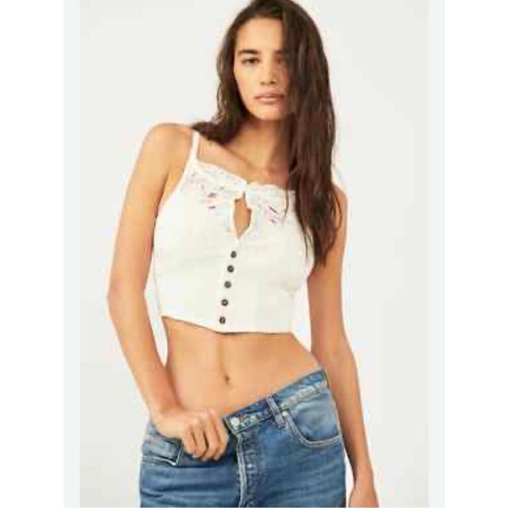 Free People Have My Heart Creamy White Lace Top Button Front Crop Tank Top